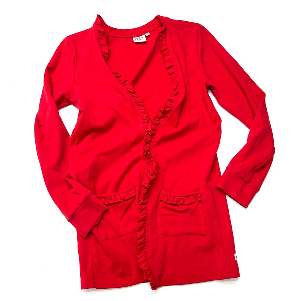 Madison Grace Red Ruffled Chloe Long Cardigan Christmas Holiday